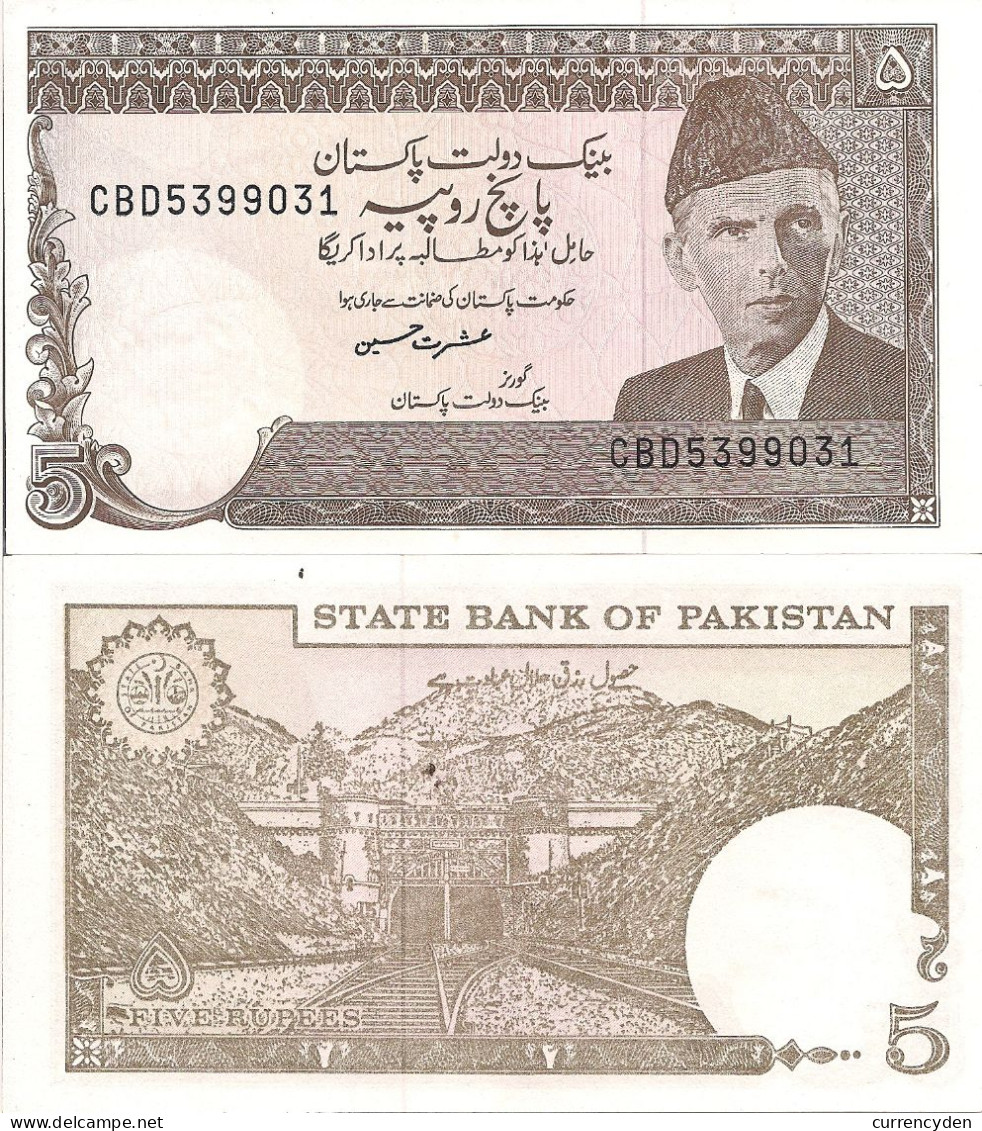 Pakistan P38, 5 Rupee, Mohammed Aki Jinnah / Khojak Railroad Tunnel UNC $4 CV - Pakistán