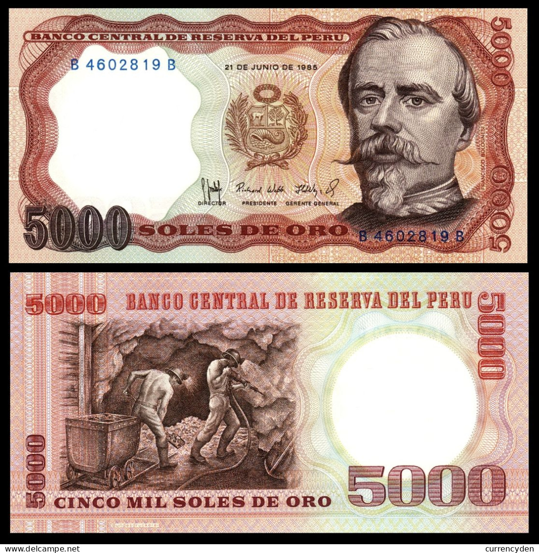 Peru P117, 500 Soles, Francisco Bolognesi / Underground Miners, 1985 UNC See UV - Perú