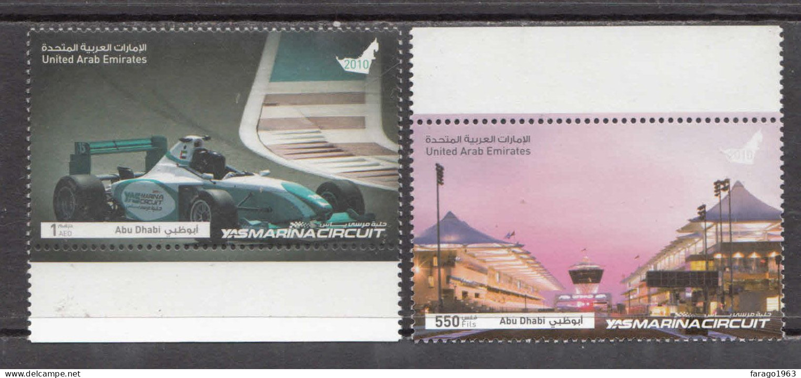 2010 United Arab Emirates Marina Circuit Formula One Car Racing Complete Set Of 2 MNH - United Arab Emirates (General)