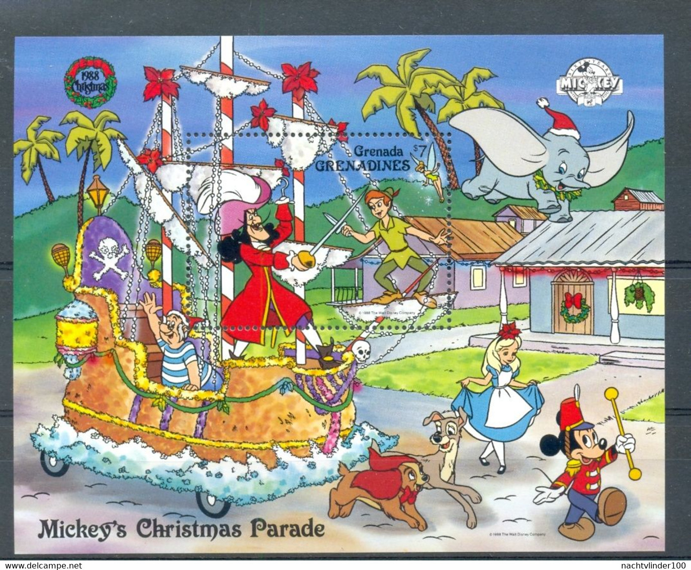 NctA222 WALT DISNEY CHRISTMAS PARADE HOND OLIFANT PIRATESHIP PETER PAN DOG DOMBO ELEPHANT GRENADA GRENADINES 1988 PF/MNH - Disney