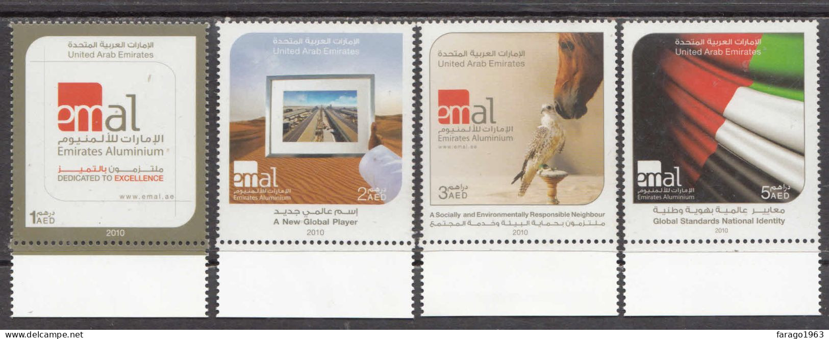 2010 United Arab Emirates Aluminium Metals Horses Falcon Birds Complete Set Of 4 MNH - United Arab Emirates (General)