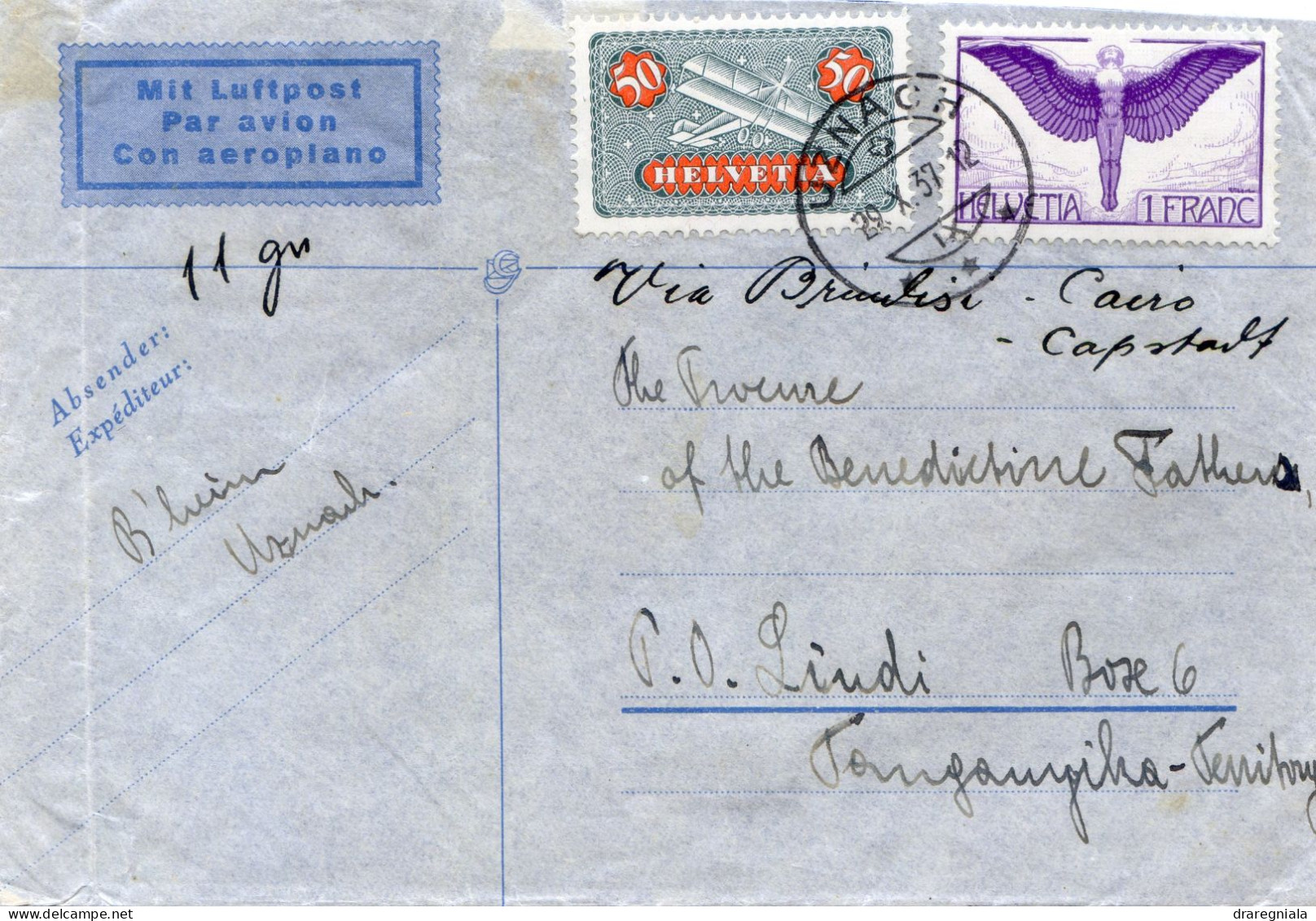 Lettre Cachet De Uznach 29 X 37 Pour Lindi Par Avion - Mit Luftpost - Timbre PA N° 9 12 - Eerste Vluchten