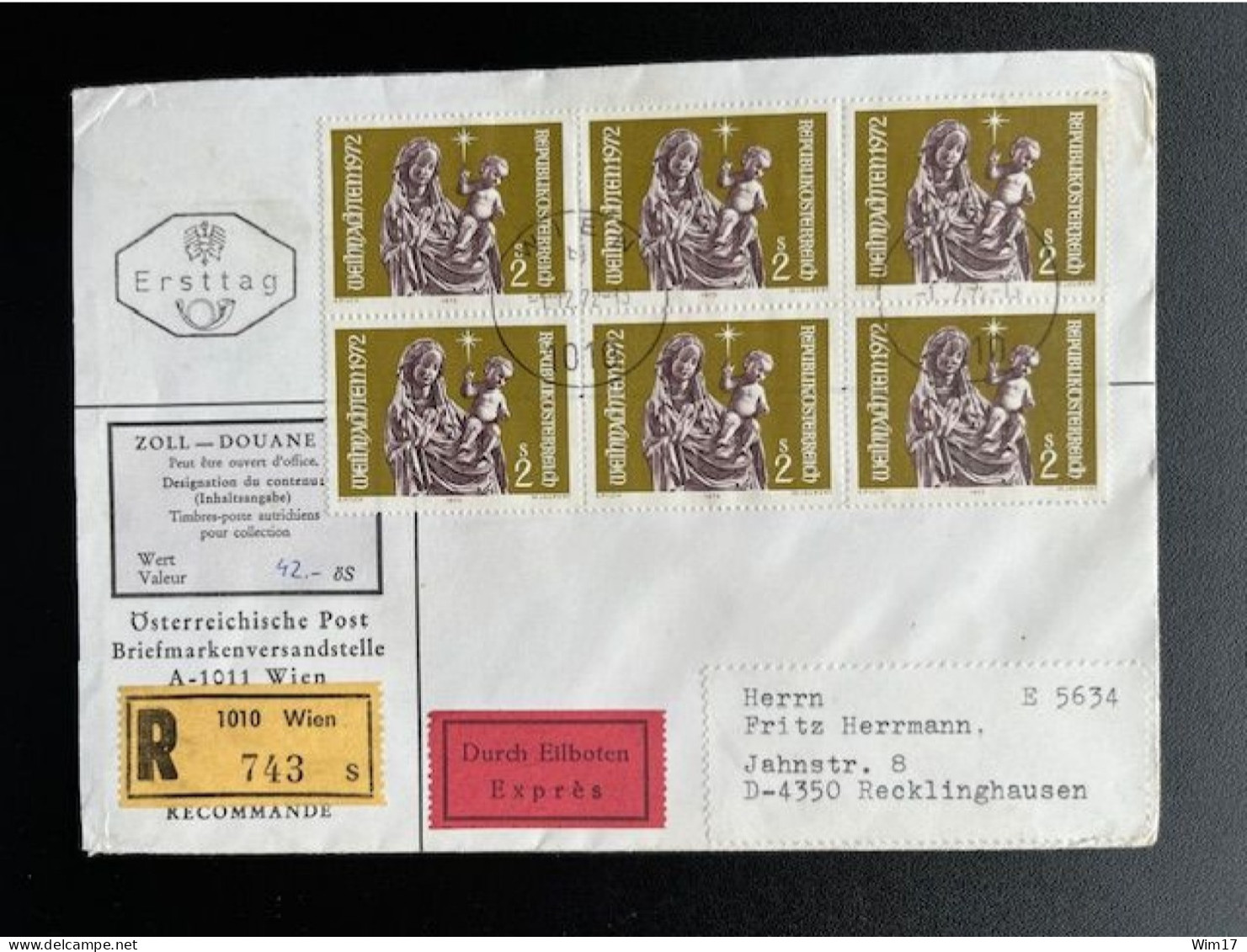 AUSTRIA 1972 REGISTERED EXPRESS LETTER VIENNA WIEN TO RECKLINGHAUSEN 01-12-1972 OSTERREICH EINSCHREIBEN EXPRES - Covers & Documents