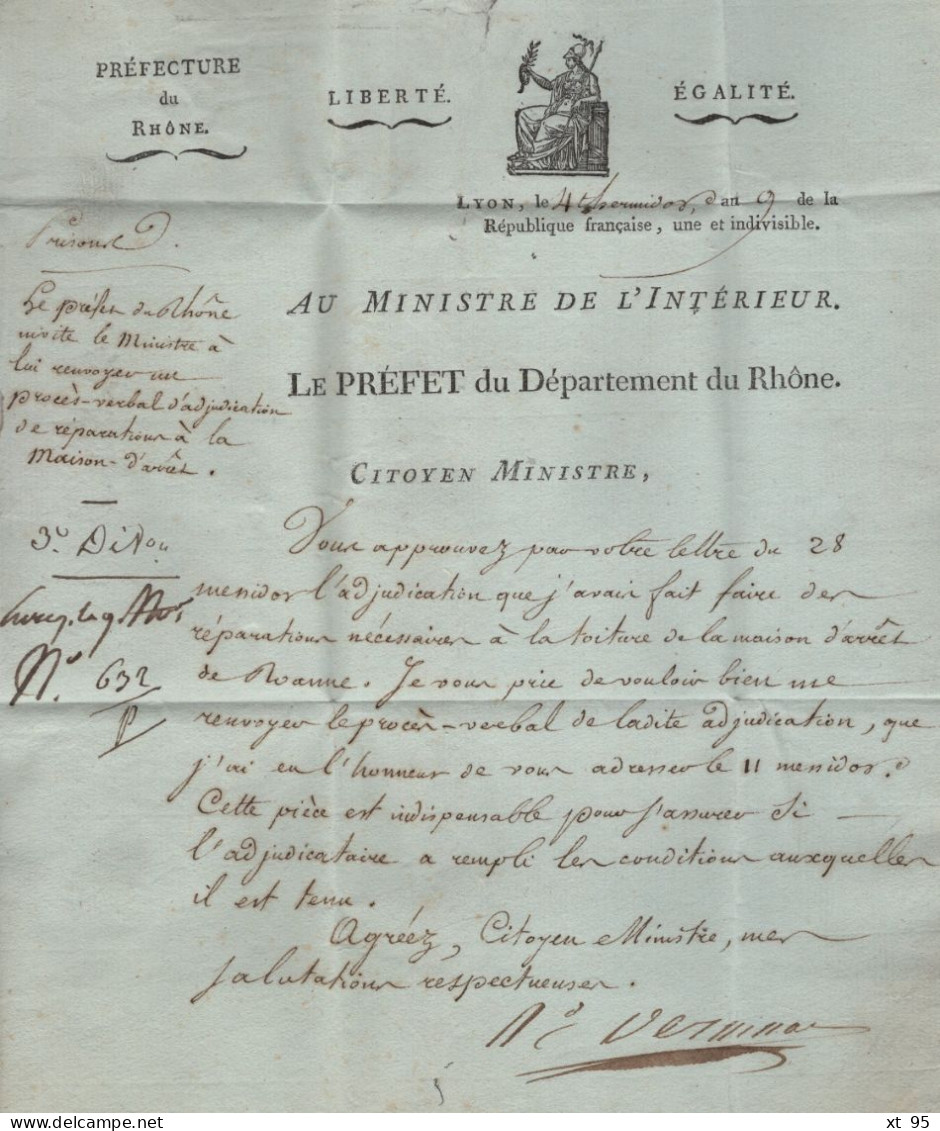 Franchise - Prefet Departement Du Rhone - Lyon - An 9 - 1701-1800: Voorlopers XVIII