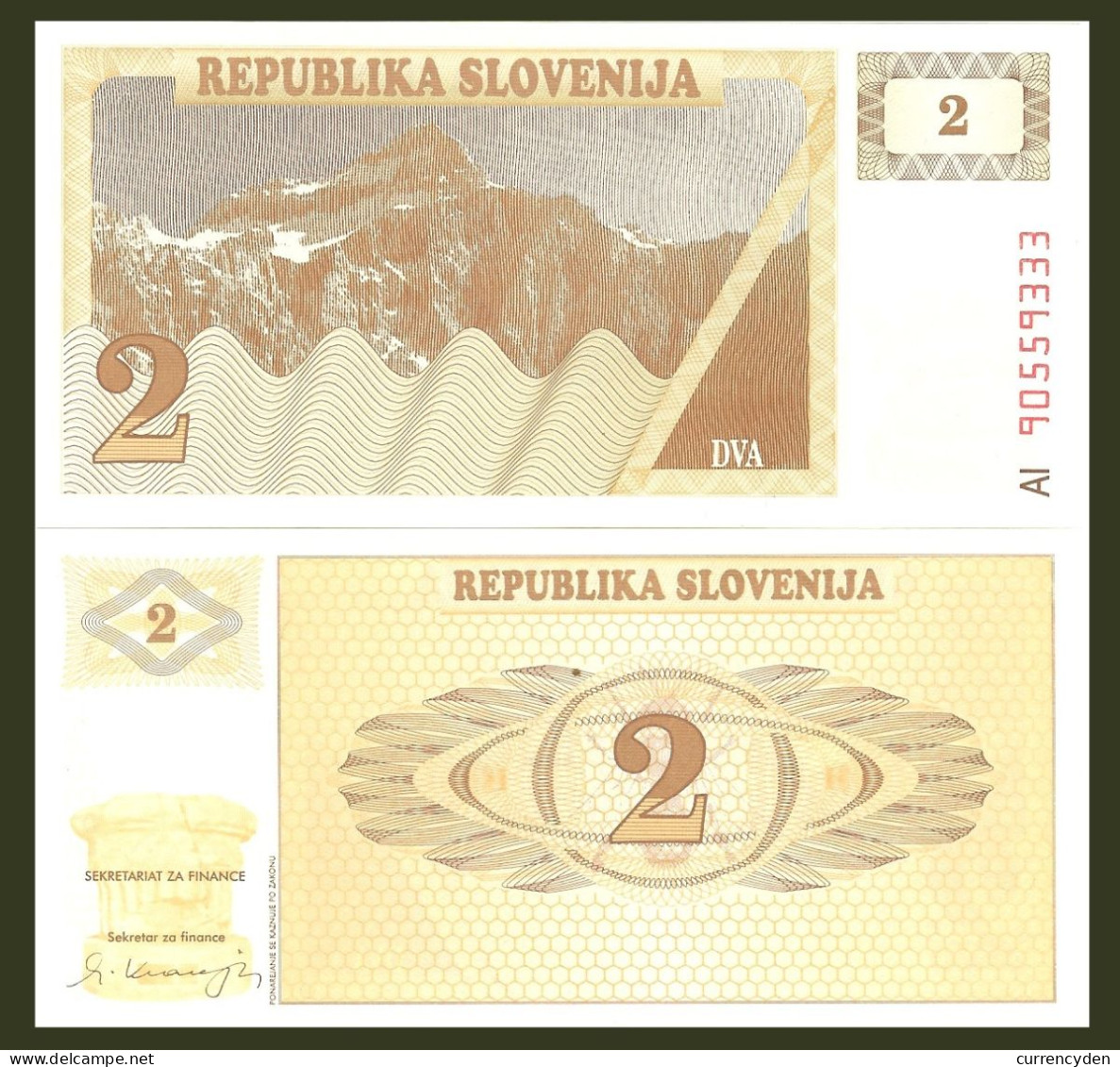 Slovenia P2a, 2 Tolar, Triglav Peak In Alps / Honey Comb Pattern, Honey Bee UNC - Eslovenia