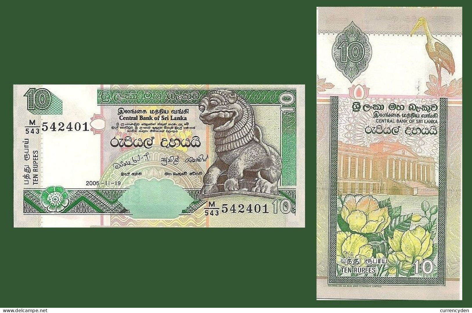 Sri Lanka P108e, 10 Rupee, Chinze / Building, Flowers, Waterbird, UNC Great UV! - Sri Lanka