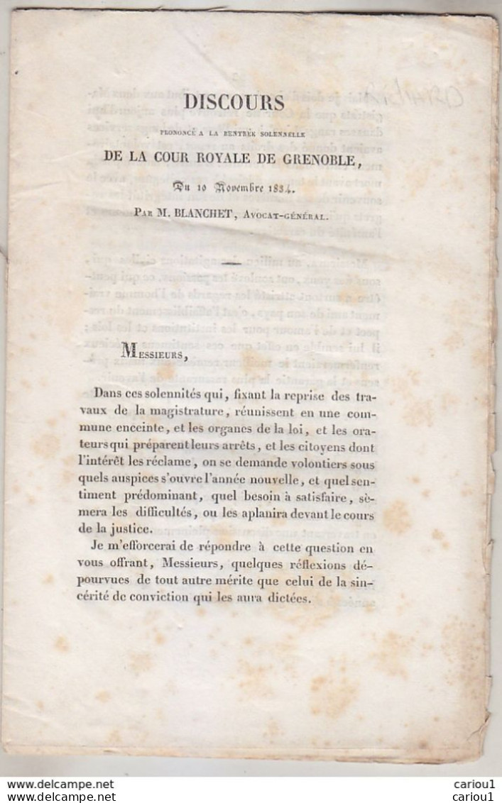 C1 DAUPHINE Blanchet DISCOURS RENTREE COUR ROYALE De GRENOBLE 1834 PORT INCLUS - Rhône-Alpes