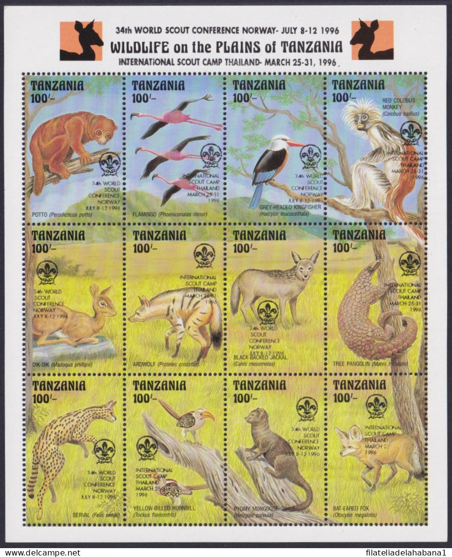 F-EX46665 TANZANIA MNH 1996 WILDLIFE SCOUTS CAMP JAMBOREE BIRD FELINE PANGOLIN.  - Unused Stamps