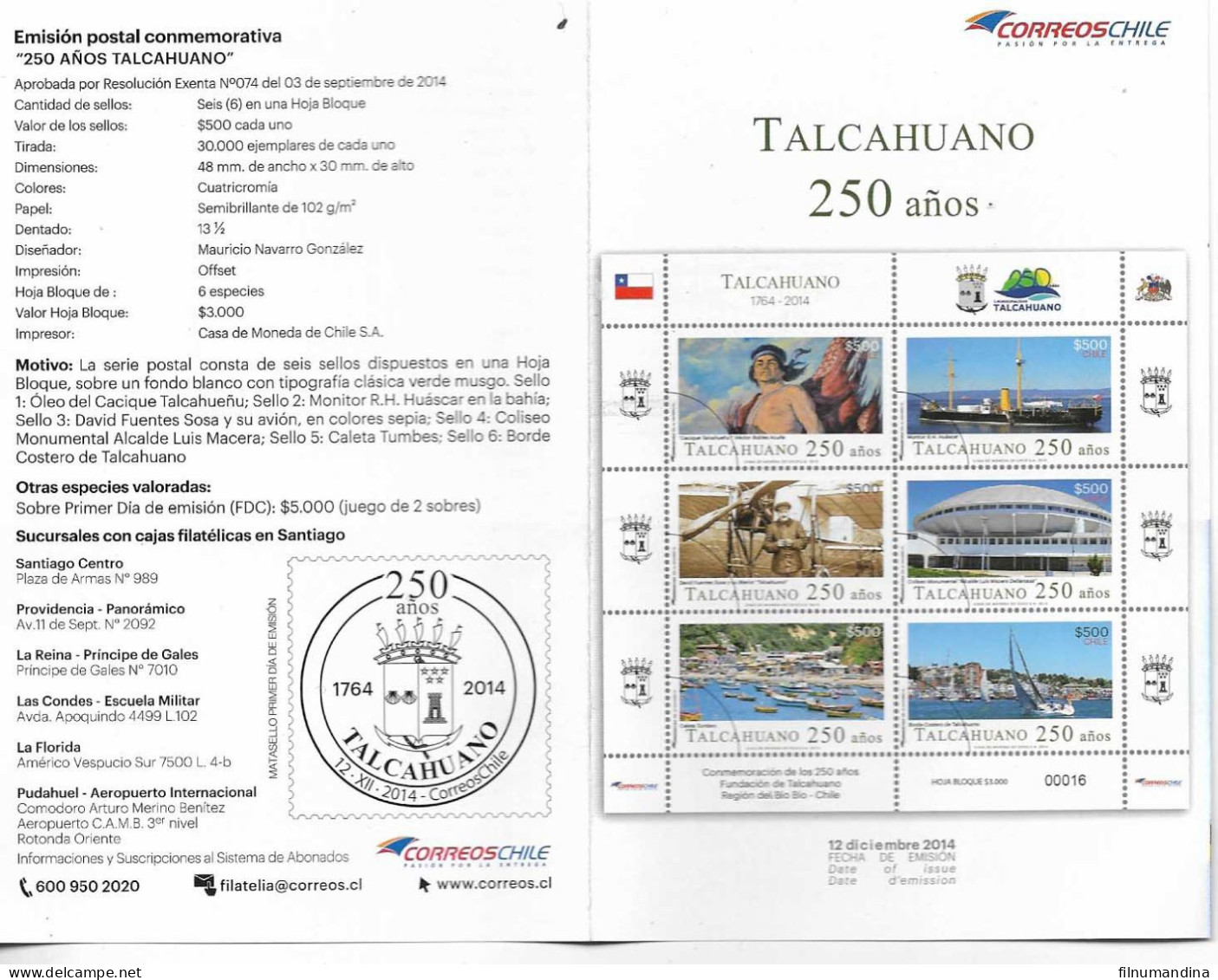 #2606A CHILE 2014 TALCAHUANO CITY PORT SHIPS 250°ANIV YV 2057-62 OFFICIAL POST BROCHURE - Chile