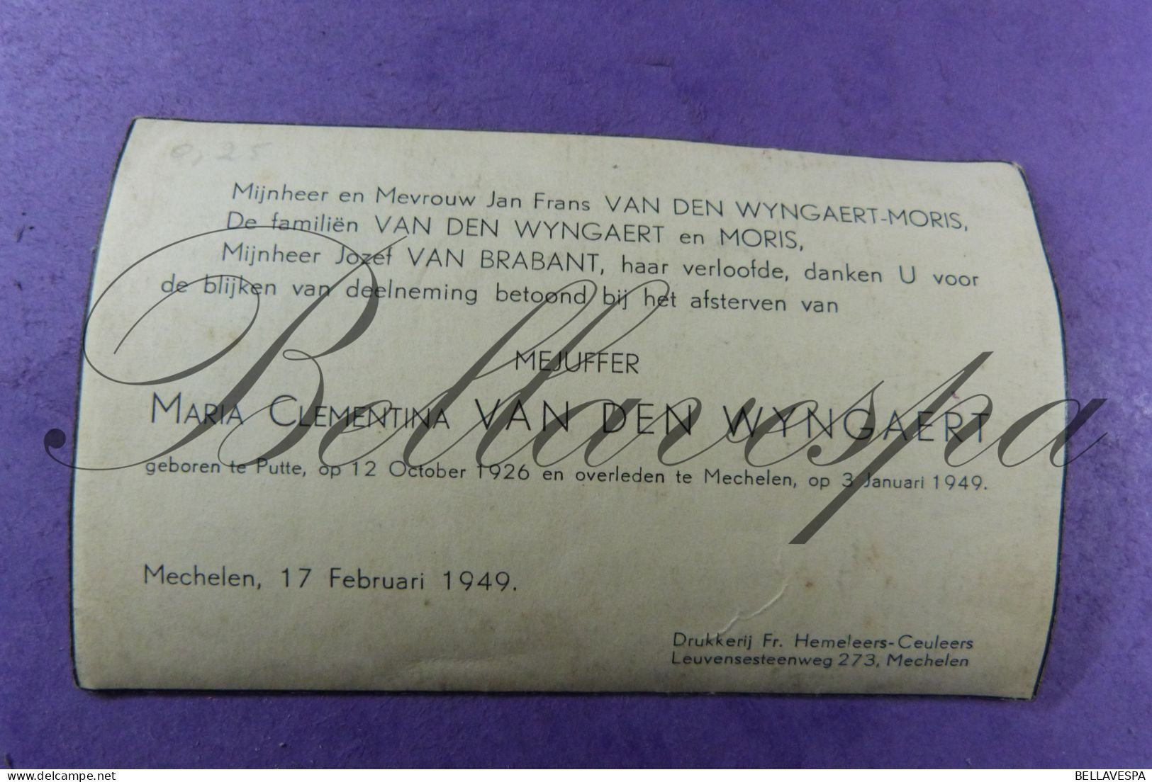 Maria VAN DEN WYNGAERT Putte 1926 - Mechelen 1949 - Décès