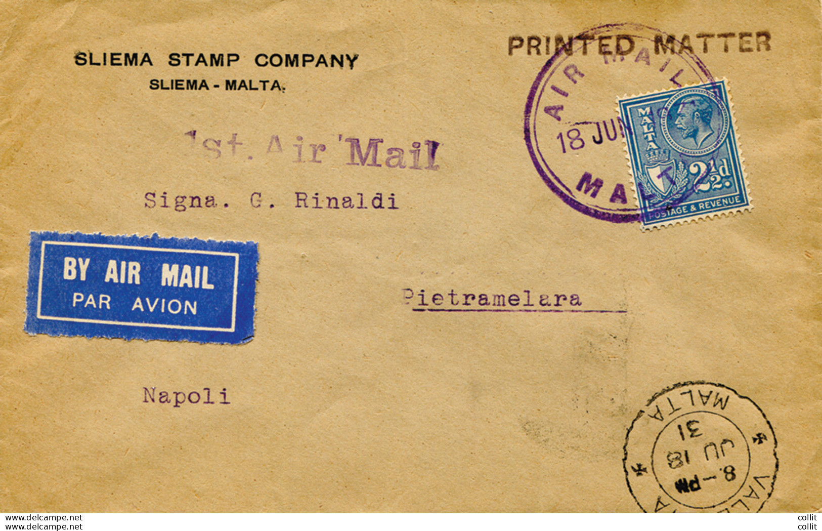 Primo Volo Malta Napoli Del 18.6.31 - Poststempel (Flugzeuge)