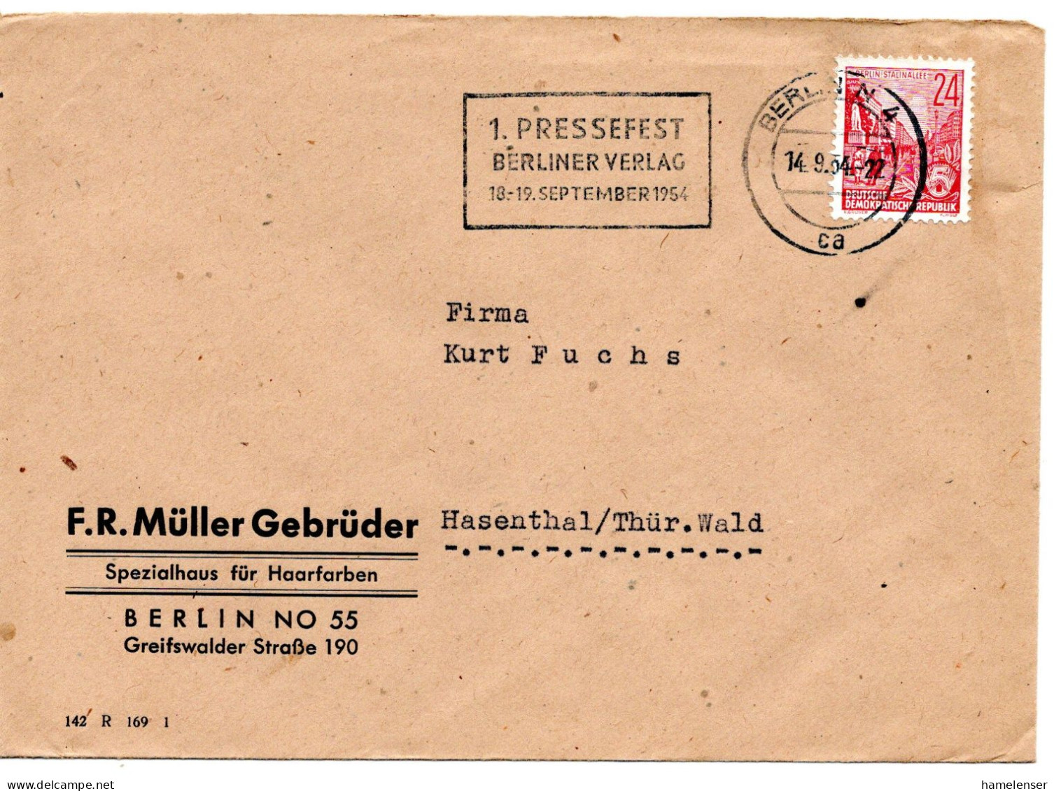 63404 - DDR - 1954 -  24Pfg Fuenfjahrplan EF A Bf BERLIN - 1.PRESSEFEST BERLINER VERLAG ... -> Hasenthal - Brieven En Documenten