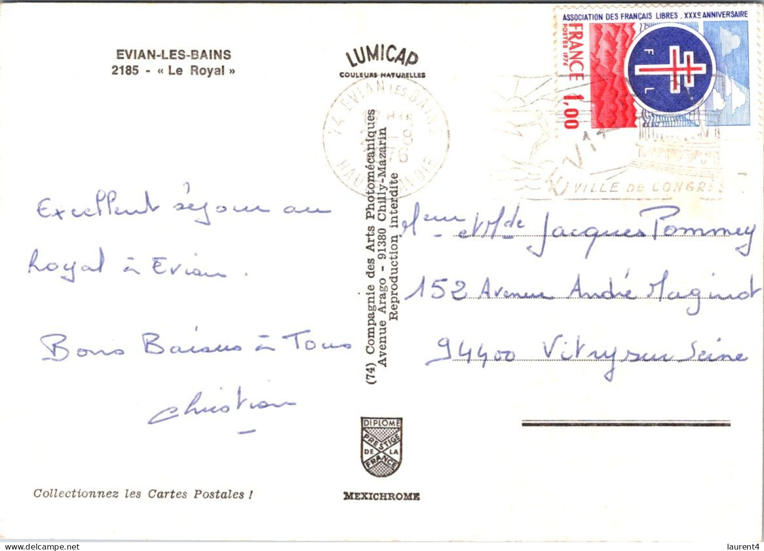 24-3-2024 (3 Y 51) France  (posted To1976 With Militaqry Stamp) "Le Royal" In Evian Les Bains - Alberghi & Ristoranti