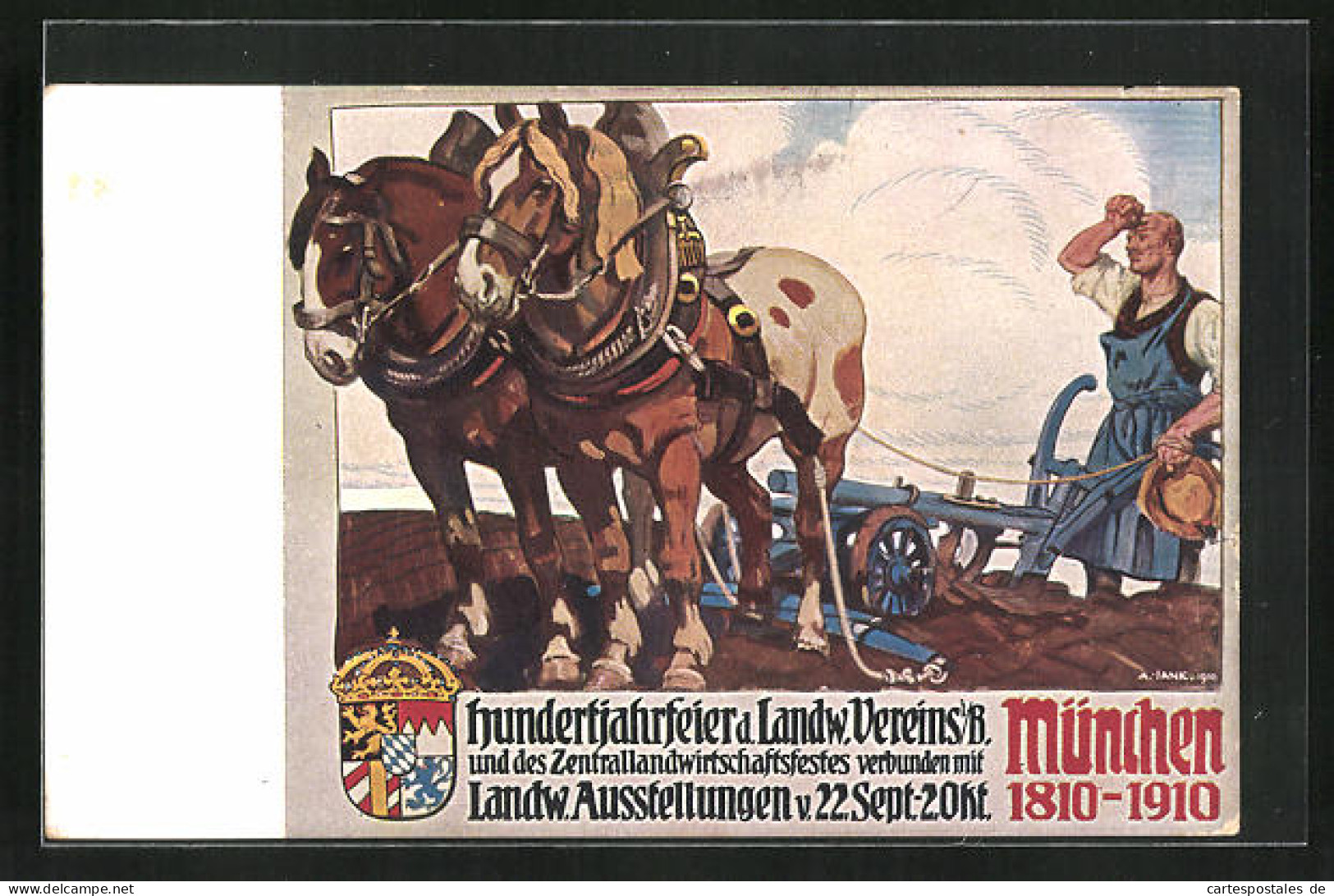 Künstler-AK München, Landw. Ausstellung 1910 & Hundertjahrfeier 1810-1910, Bauer Mit Pferdepflug, PP15 C 184, Ganzsa  - Exhibitions
