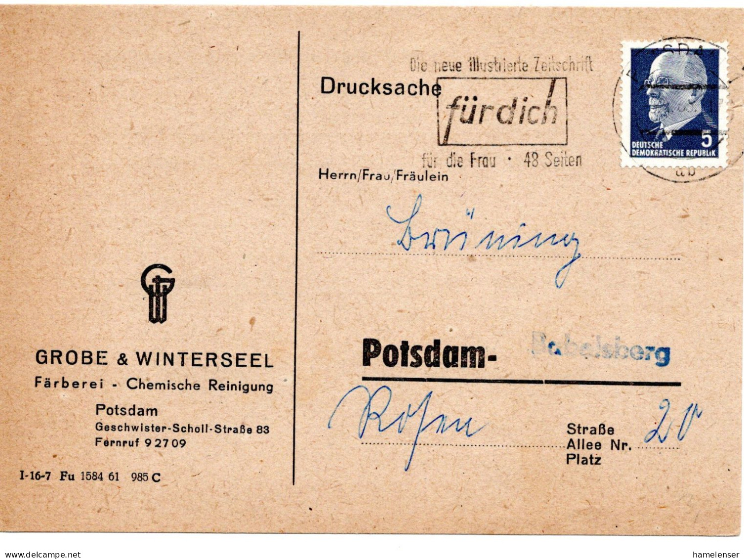 63417 - DDR - 1965 -  5Pfg Ulbricht EF A DrucksOrtsKte POTSDAM - ... ILLUSTRIERTE ZEITSCHRIFT "FUER DICH" - Cartas & Documentos