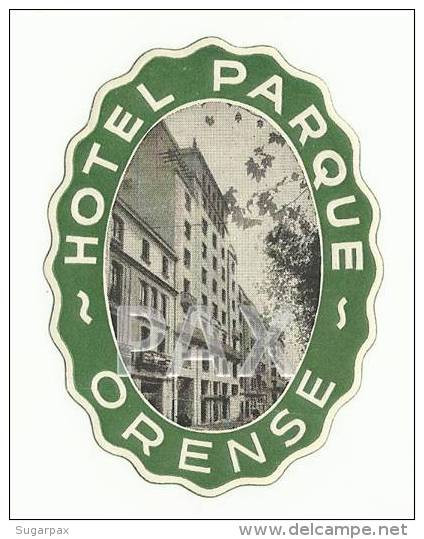 SPAIN  ORENSE  HOTEL PARQUE  ESPAÑA  VINTAGE LUGGAGE LABEL  2 SCANS - Etiquettes D'hotels