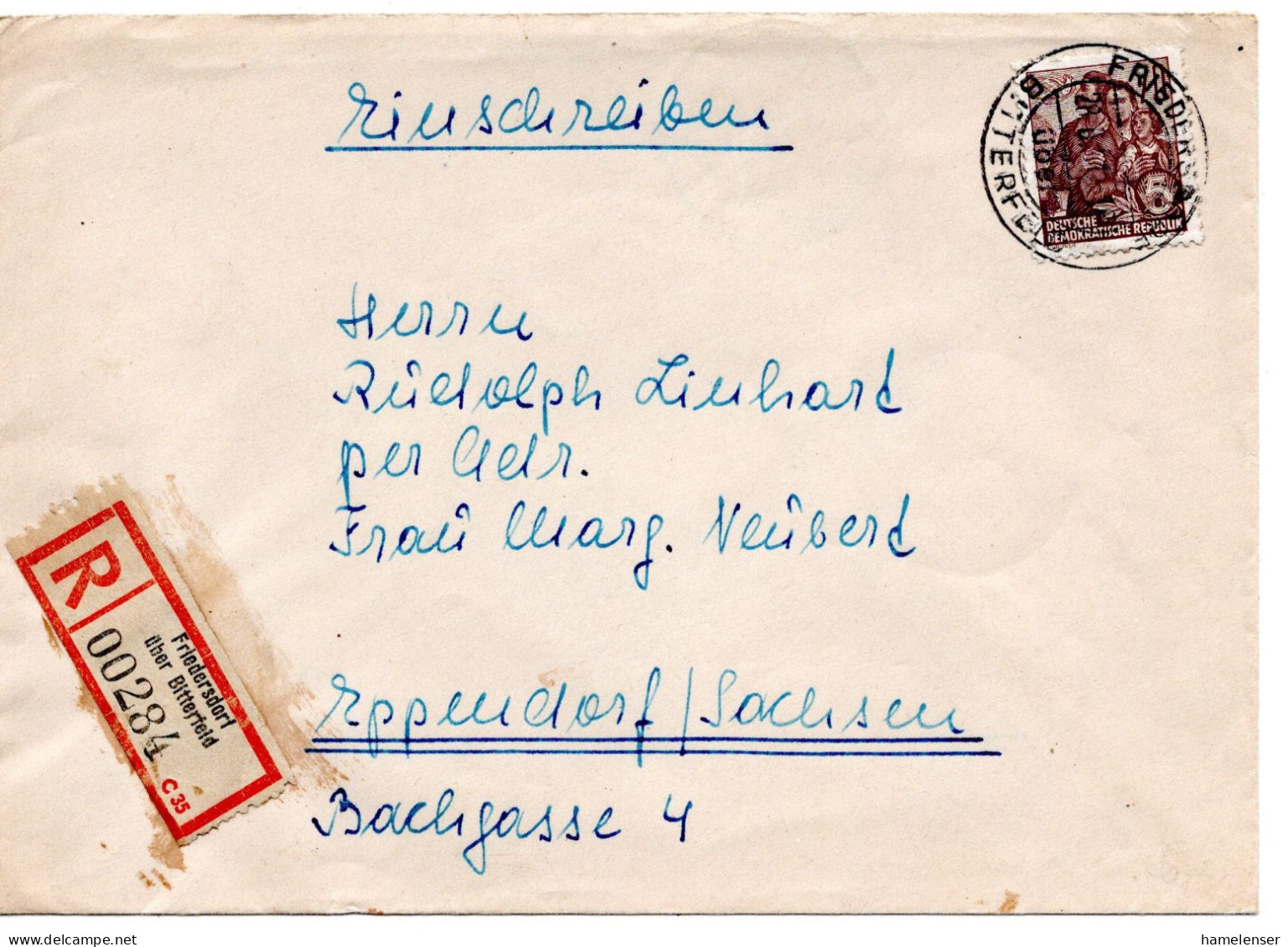 63423 - DDR - 1957 - 70Pfg Fuenfjahrplan EF A R-Bf FRIEDERSDORF -> EPPENDORF - Brieven En Documenten