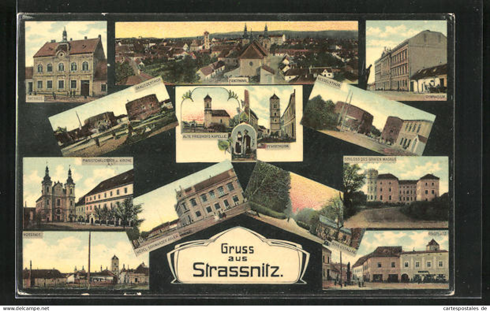 AK Strassnitz, Hotel Schwarzer Adler, Skalitzertor, Schloss Des Grafen Magnus, Piaristenkloster U. Kirche  - Czech Republic