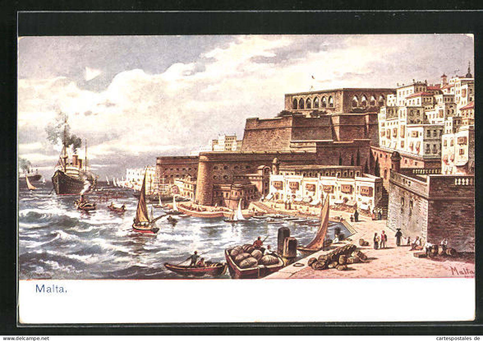 Künstler-AK Friedrich Perlberg: Hafen Mit Kreuzfahrtdampfer In Malta  - Perlberg, F.