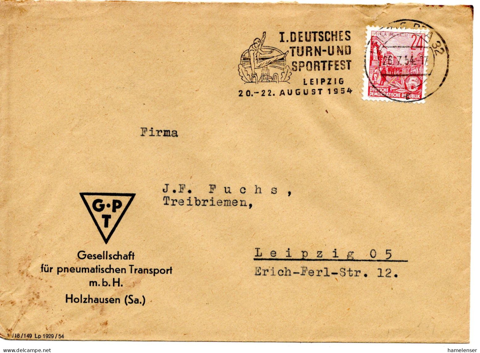 63426 - DDR - 1954 - 24Pfg Fuenfjahrplan A OrtsBf LEIPZIG - I.DEUTSCHES TURN- UND SPORTFEST LEIPZIG ... - Other & Unclassified