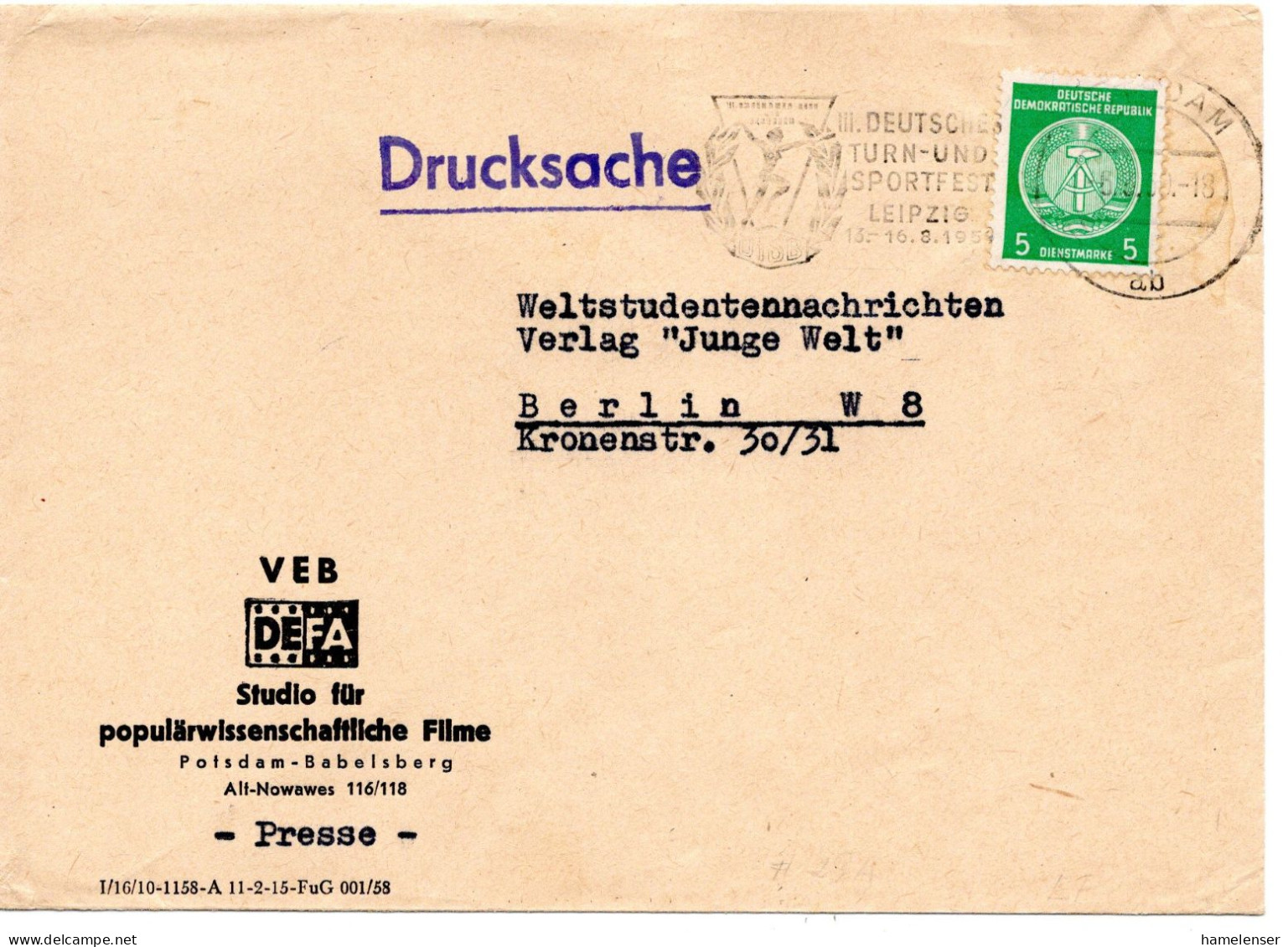 63427 - DDR - 1959 - 5Pfg Zirkel Rechts A DrucksBf POTSDAM - III.DEUTSCHES TURN- UND SPORTFEST ... -> Berlin - Kino