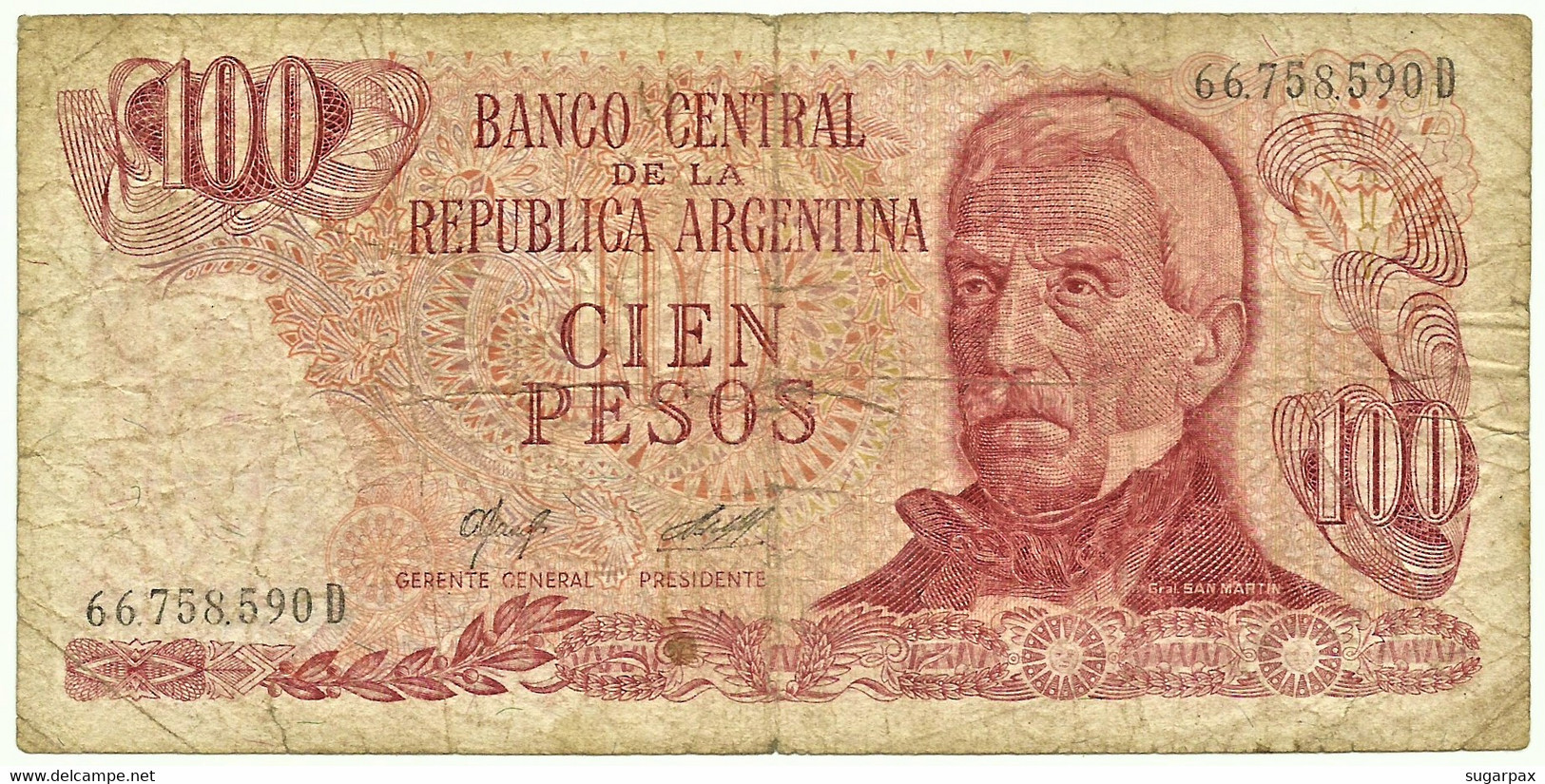 Argentina - 100 Pesos - ND ( 1976 - 1978 ) - Pick 302.b - Serie D - Sign. Titles C - General San Martin - Argentinien