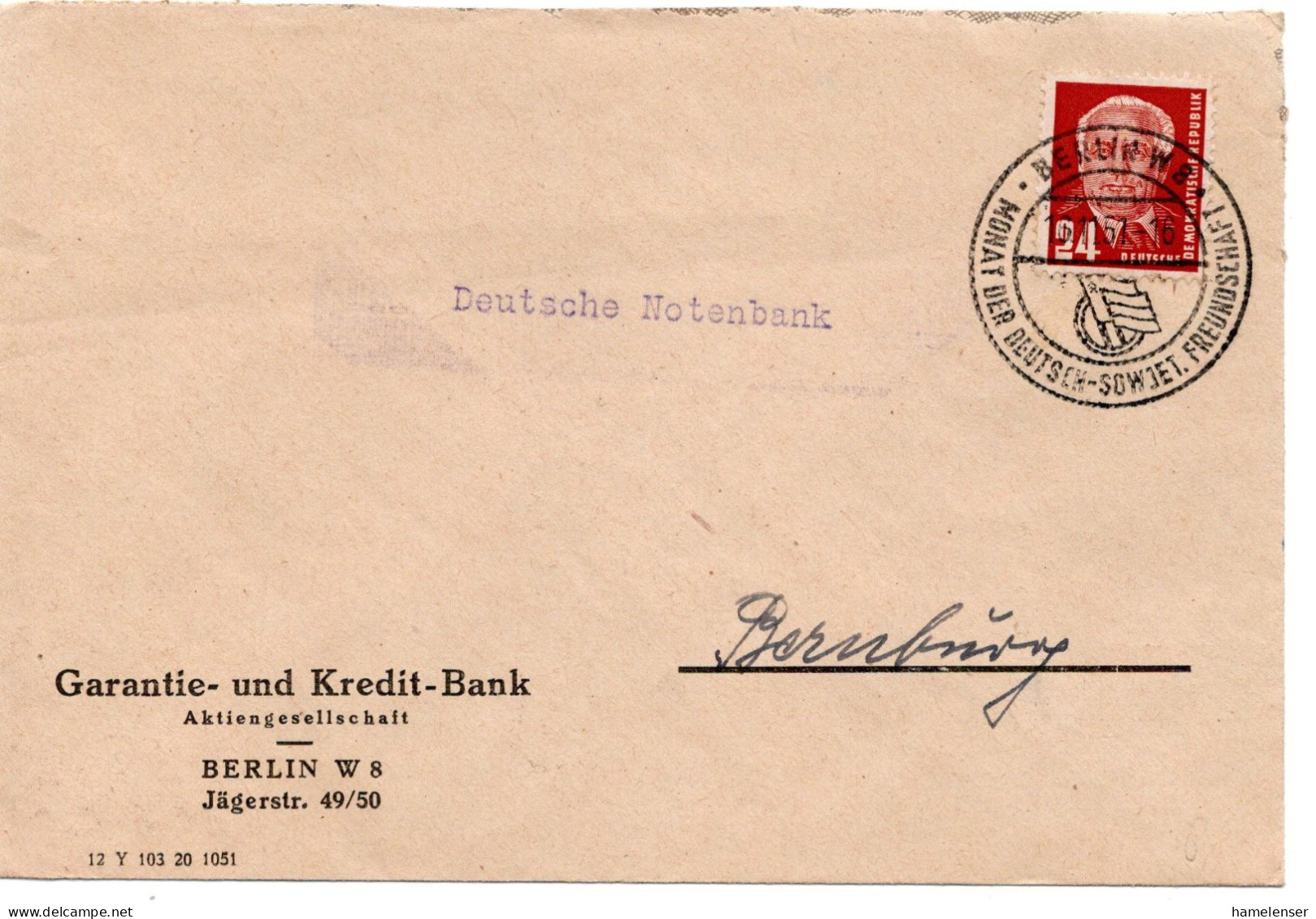 63429 - DDR - 1951 - 24Pfg Pieck A Bf BERLIN - MONAT DER DEUTSCH-SOWJET. FREUNDSCHAFT -> Bernburg - Lettres & Documents