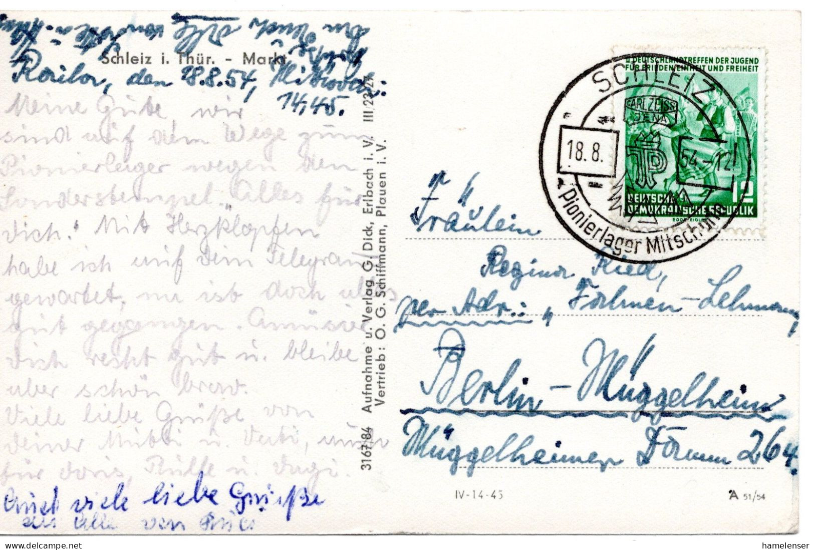 63439 - DDR - 1954 - 12Pfg Deutschlandtreffen EF A AnsKte SCHLEIZ - PIONIERLAGER MITSCHURIN -> Berlin - Lettres & Documents