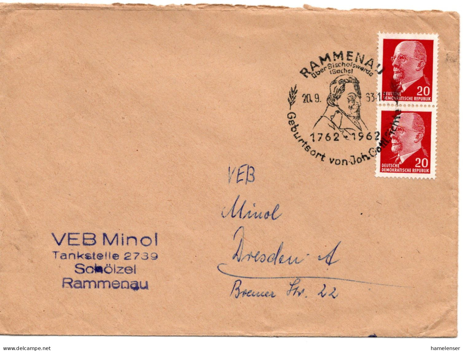 63444 - DDR - 1963 - 2@20Pfg Ulbricht A Bf RAMMENAU - GEBURTSORT VON JOH.GOTTL.FICHTE -> Dresden - Storia Postale