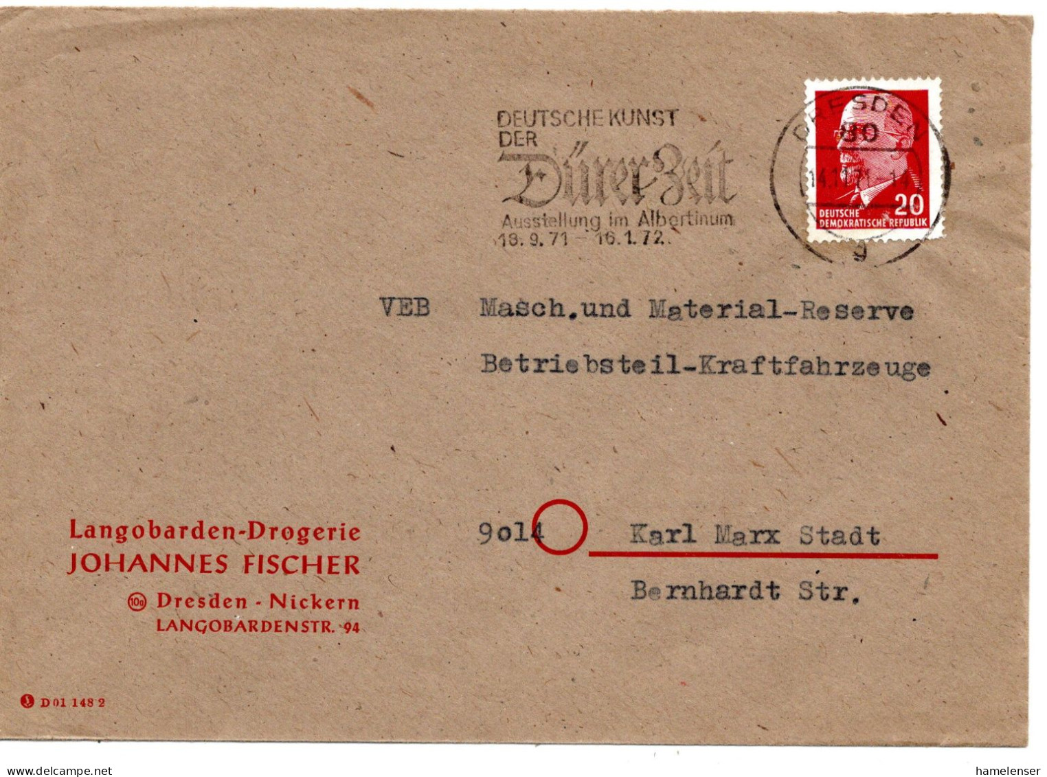 63445 - DDR - 1971 - 20Pfg Ulbricht A Bf DRESDEN - DEUTSCHE KUNST DER DUERER-ZEIT ... -> Karl-Murx-Stadt - Other & Unclassified