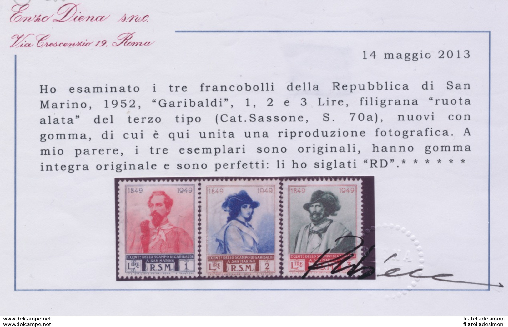 1952 SAN MARINO, N° 358/I-360/I , Garibaldi 3 Valori RUOTA III° TIPO , MNH** - Variétés Et Curiosités