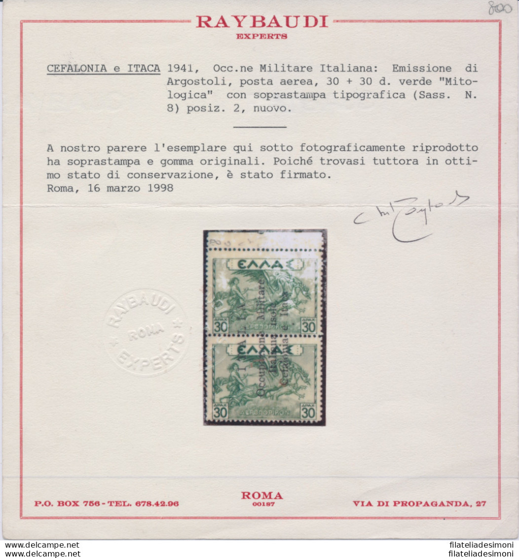 1941 CEFALONIA E ITACA, Posta Aerea N° 8c , Soprastampa Verticale Dal Basso In - Otros & Sin Clasificación