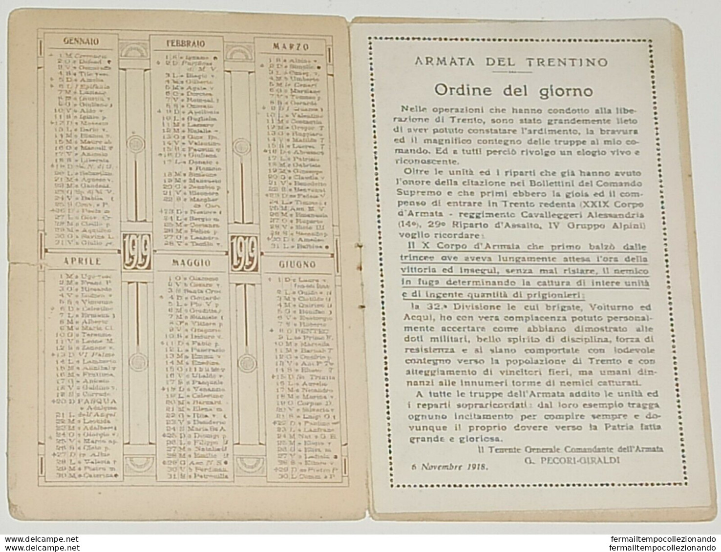 T561  Calendario Del X Corpo D'armata Armata Del Trentino 1919 - Other & Unclassified