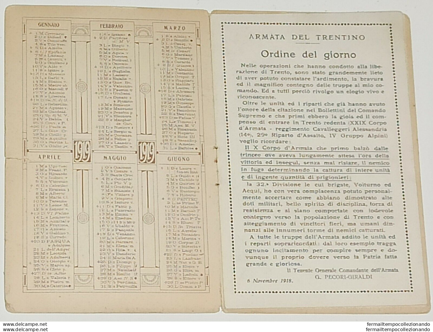 T561  Calendario Del X Corpo D'armata Armata Del Trentino 1919 - Otros & Sin Clasificación