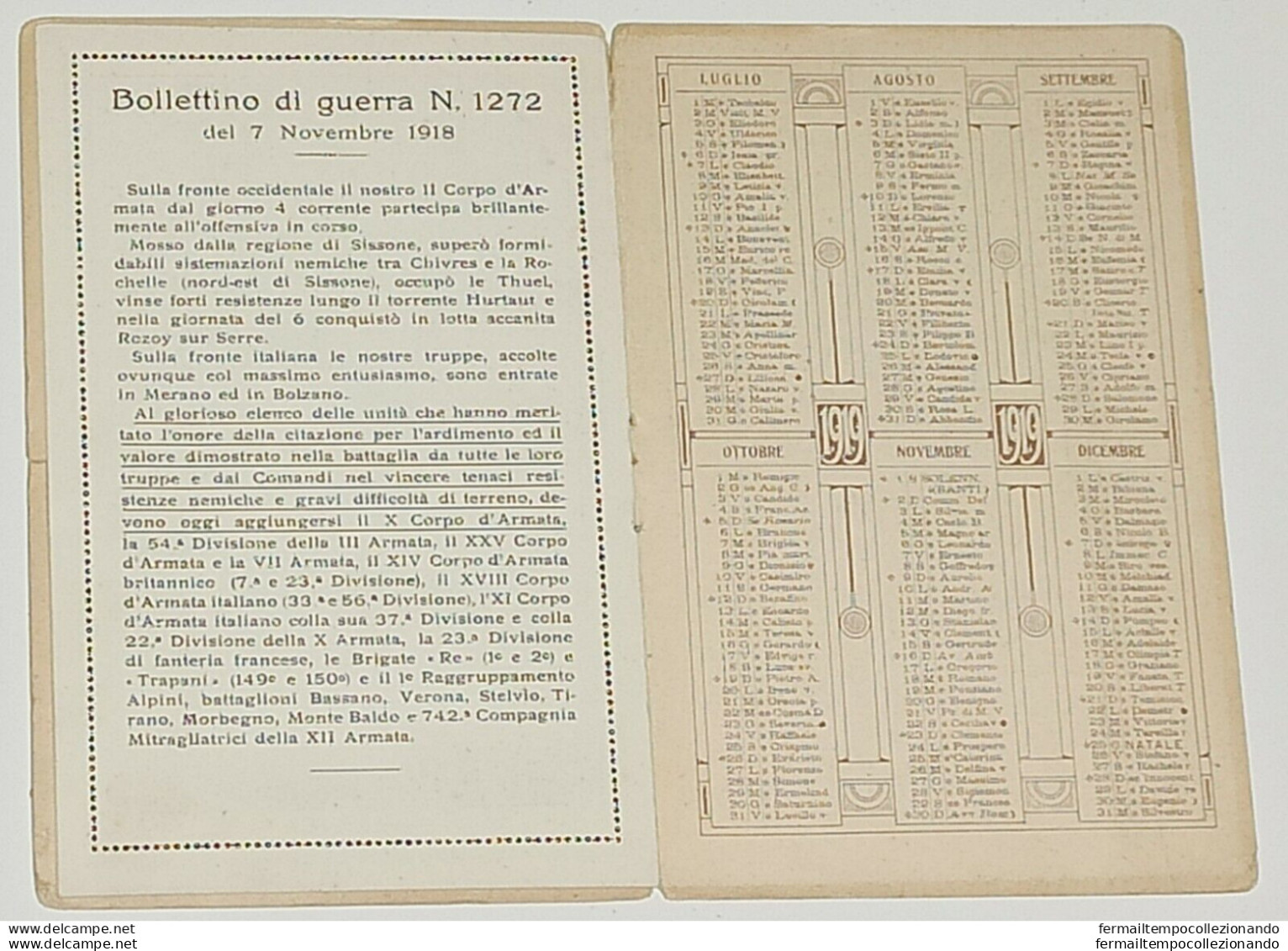 T561  Calendario Del X Corpo D'armata Armata Del Trentino 1919 - Otros & Sin Clasificación