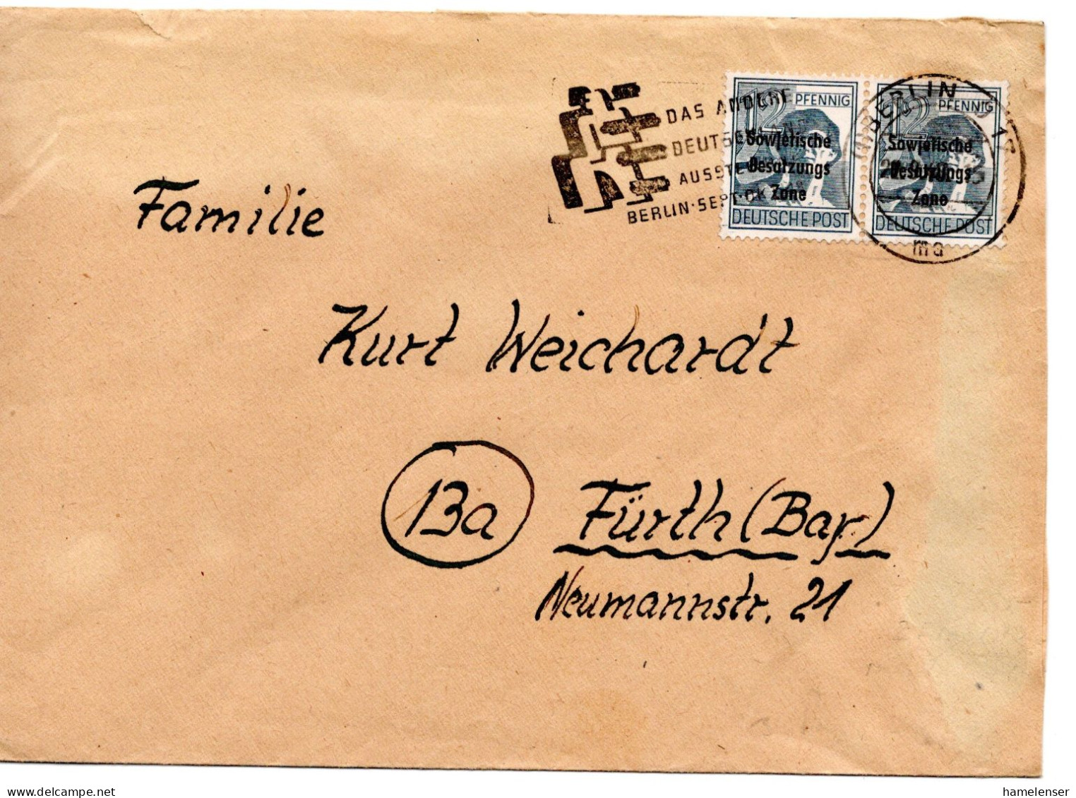 63447 - SBZ - 1948 - 2@12Pfg Aufdruck A Bf BERLIN - DAS ANDERE DEUTSCHLAND ... -> Bizone, Rs Sowj Zensurstpl. - Lettres & Documents