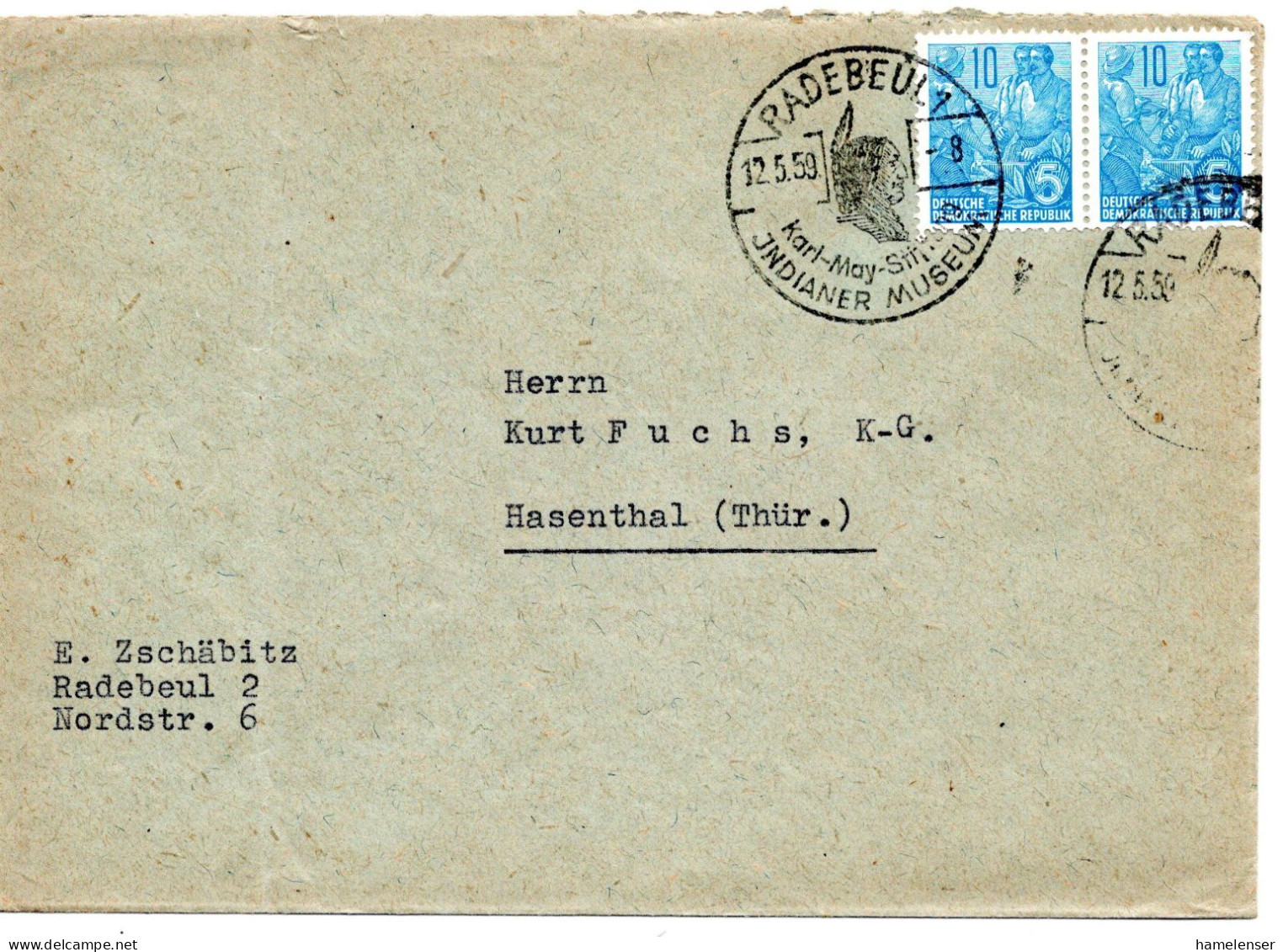 63449 - DDR - 1959 - 2@10Pfg Fuenfjahrplan A Bf RADEBEUL - KARL-MAY-STIFTUNG INDIANER-MUSEUM -> Hasenthal - Indianer