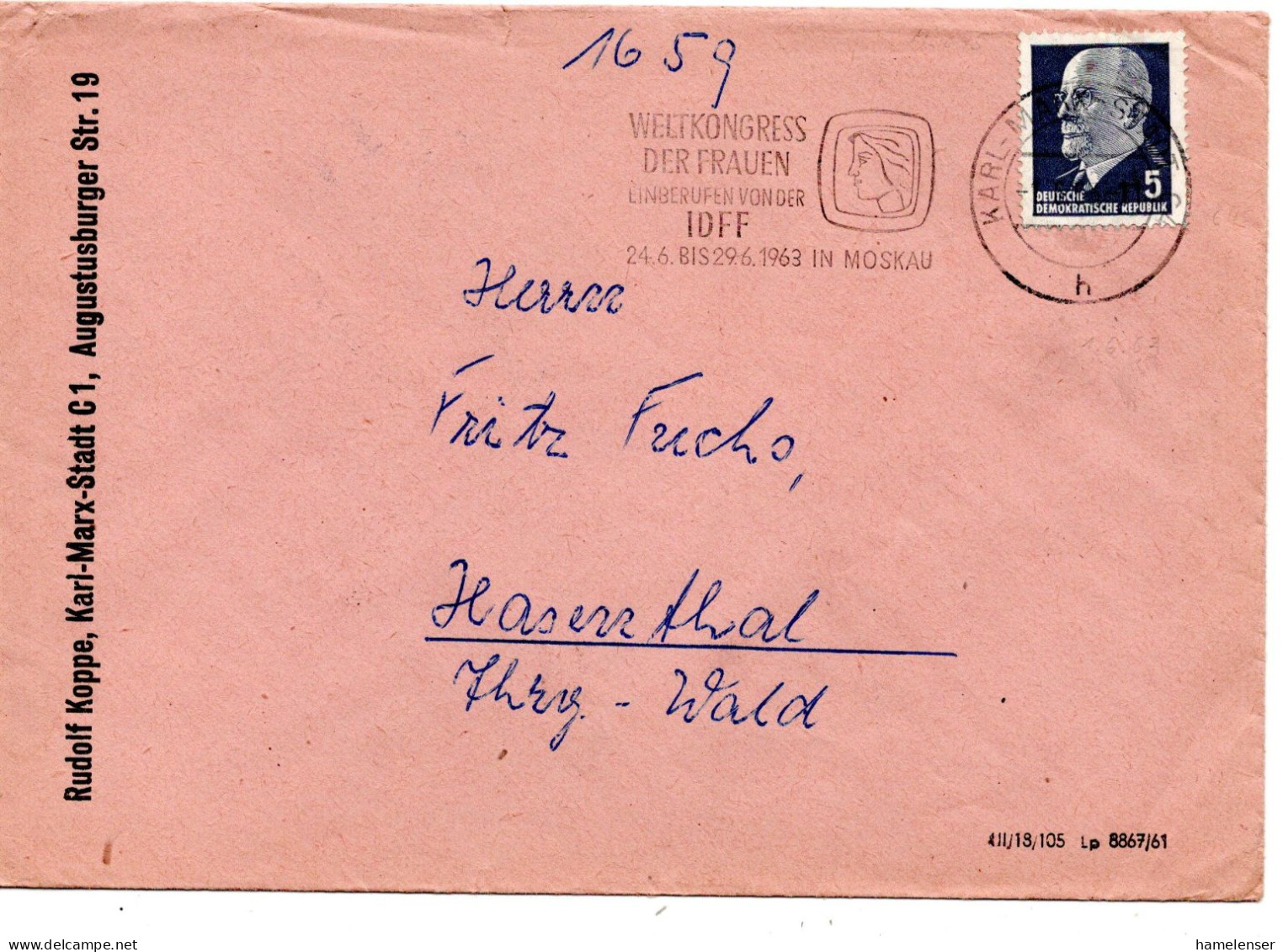 63458 - DDR - 1963 - 5Pfg Ulbricht EF A DrucksBf KARL-MARX-STADT - WELTKONGRESS DER FRAUEN ... -> Hasenthal - Cartas & Documentos