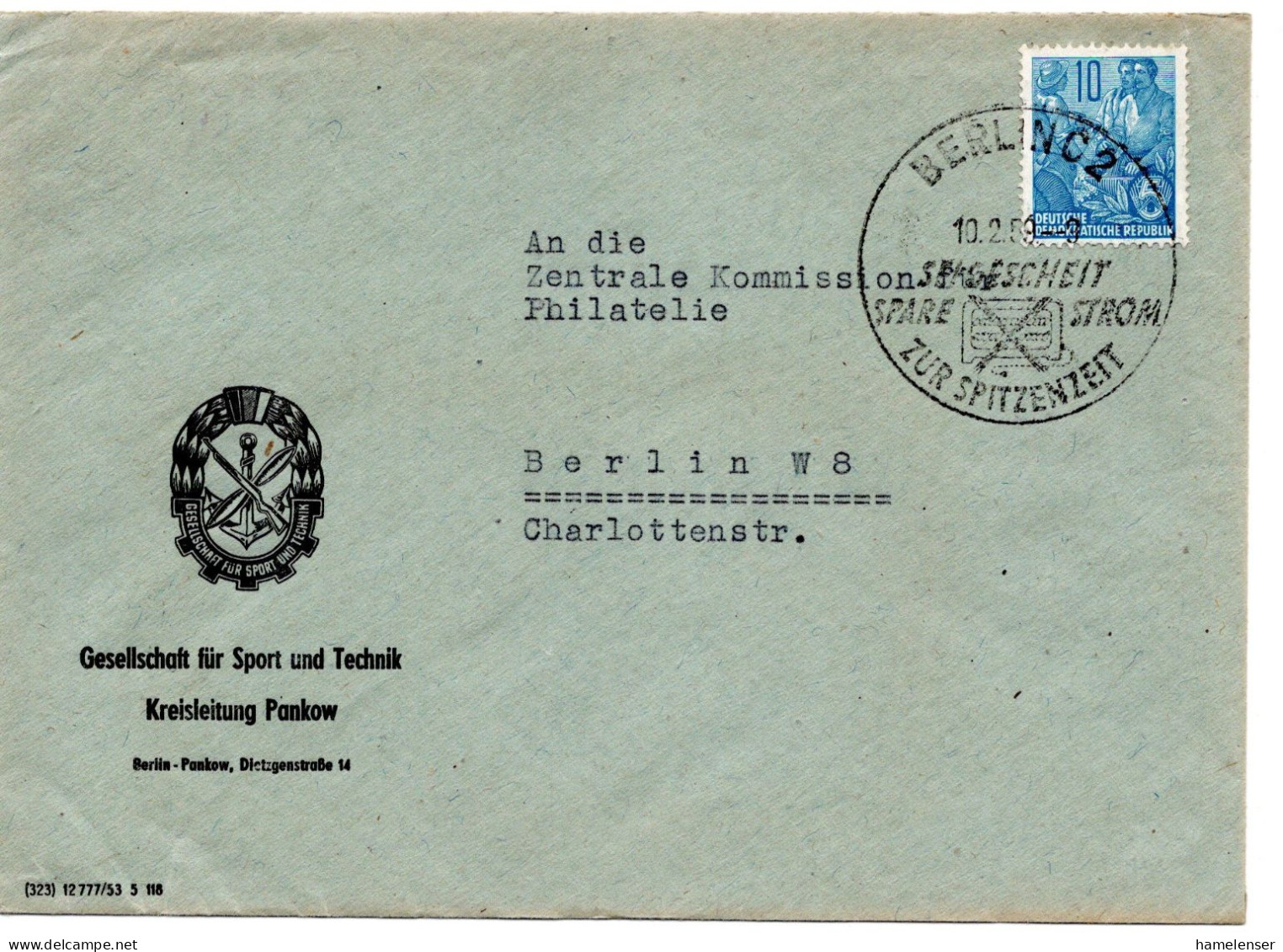 63461 - DDR - 1959 - 10Pfg Fuenfjahrplan EF A OrtsBf BERLIN - SEI GESCHEIT SPARE STROM ZUR SPITZENZEIT - Covers & Documents