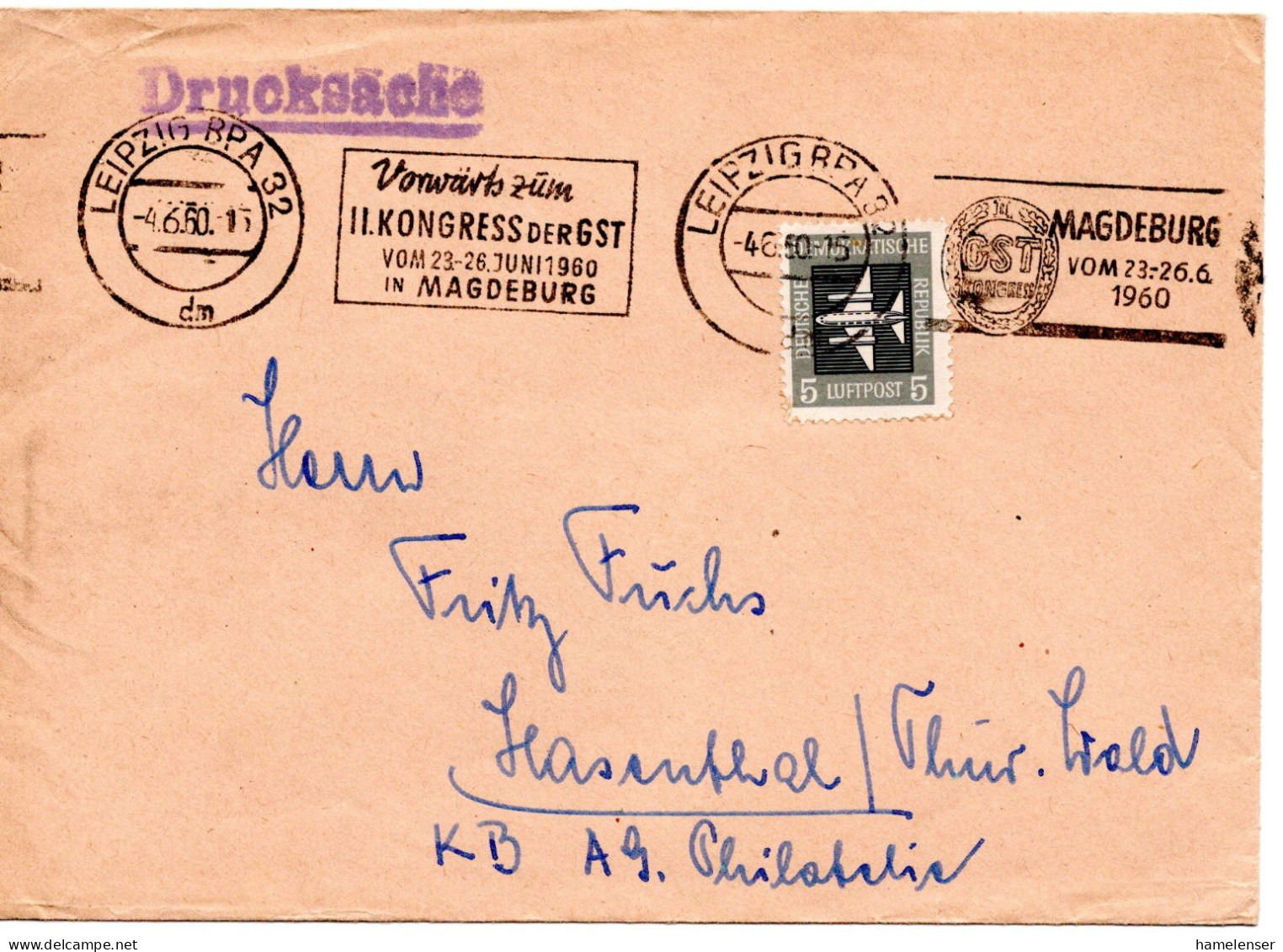 63462 - DDR - 1960 - 5Pfg Luftpost EF A DrucksBf LEIPZIG - ... II.KONGRESS DER GST ... -> Hasenthal - Lettres & Documents