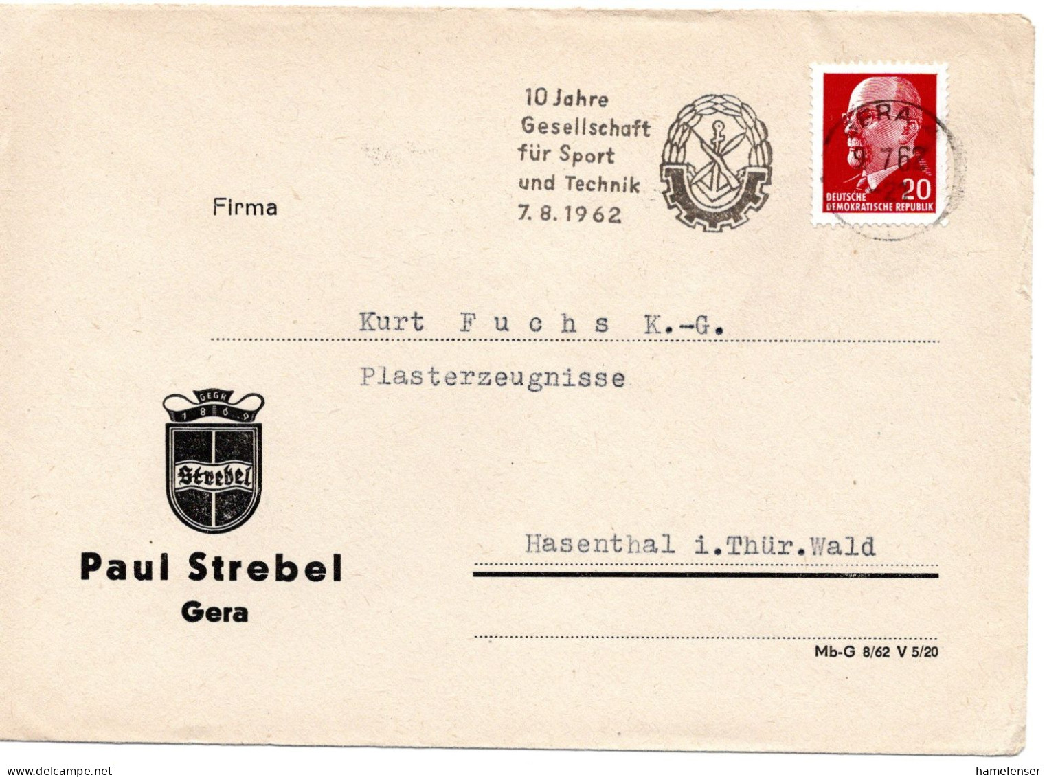 63463 - DDR - 1962 - 20Pfg Ulbricht EF A Bf GERA - 10 JAHRE GESELLSCHAFT FUER SPORT UND TECHNIK ... -> Hasenthal - Storia Postale