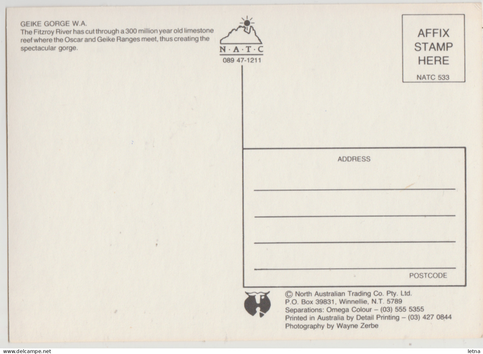 WESTERN AUSTRALIA WA Geike Gorge FITZROY CROSSING NATC 533 Postcard C1980s - Andere & Zonder Classificatie