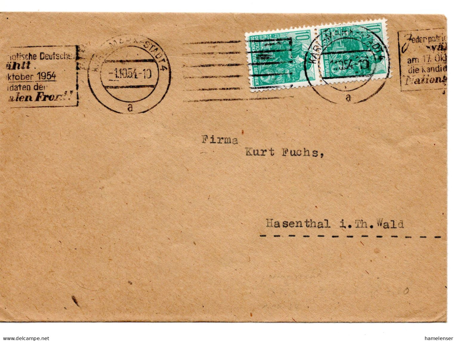 63474 - DDR - 1954 - 2@10Pfg Fuenfjahrplan A Bf KARL-MARX-STADT - ... -> Hasenthal, Ersttag Der Portosenkung! - Lettres & Documents