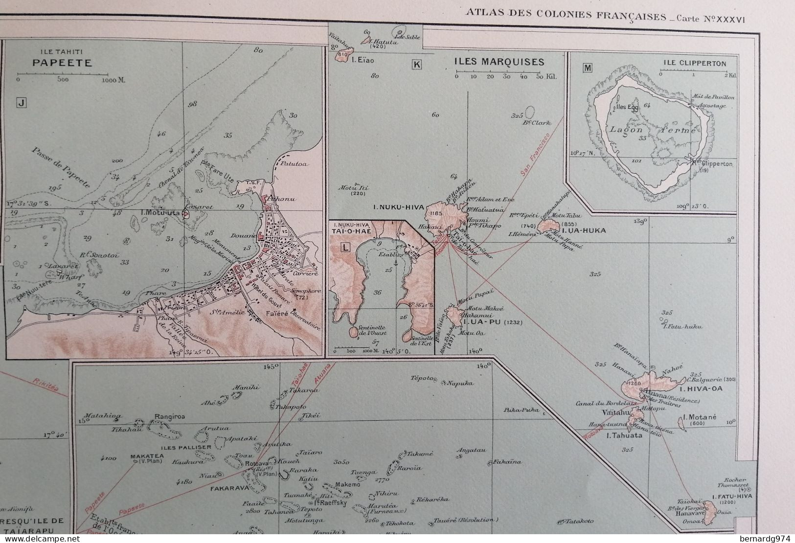 Nouvelle-Calédonie Tahiti Marquises… :  très grande carte  détaillée de 1934  par Grandidier