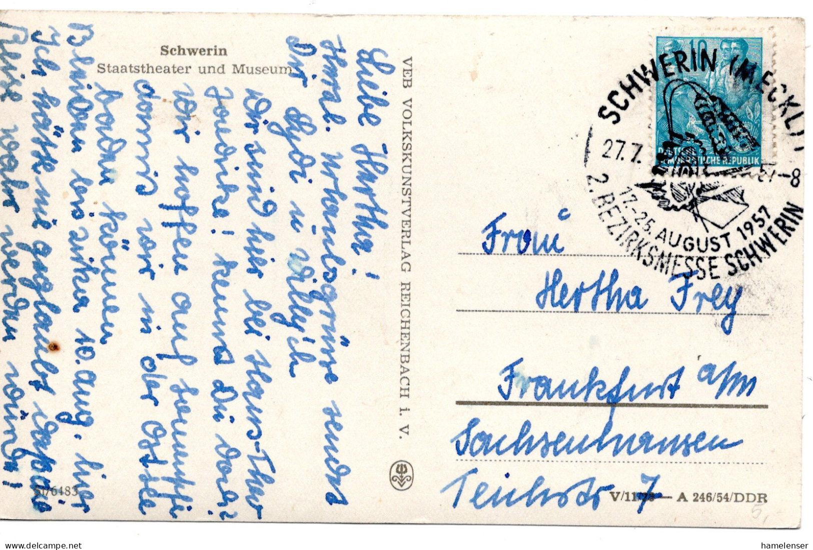 63484 - DDR - 1957 - 10Pfg Fuenfjahrplan EF A AnsKte SCHWERIN - ... 2.BEZIRKSMESSE SCHWERIN -> Westdeutschland - Covers & Documents