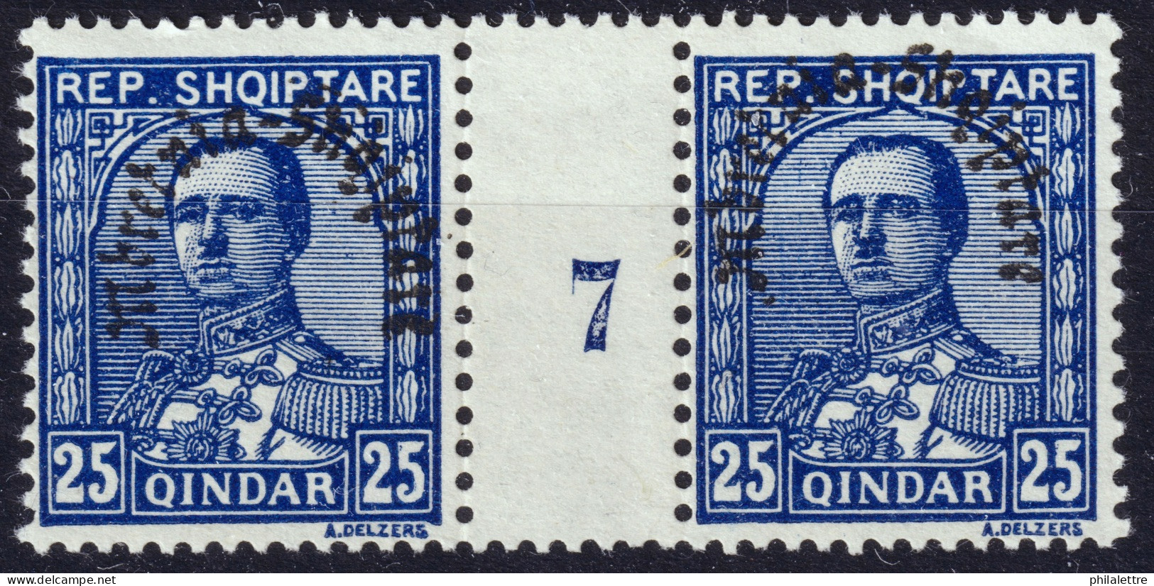 ALBANIE / ALBANIA - 1928 Mi.193 25Q. Bleu / Blue - Paire Millésime / Interpane Pair (7 For 1927) - No Gum / Sans Gomme - Albanie