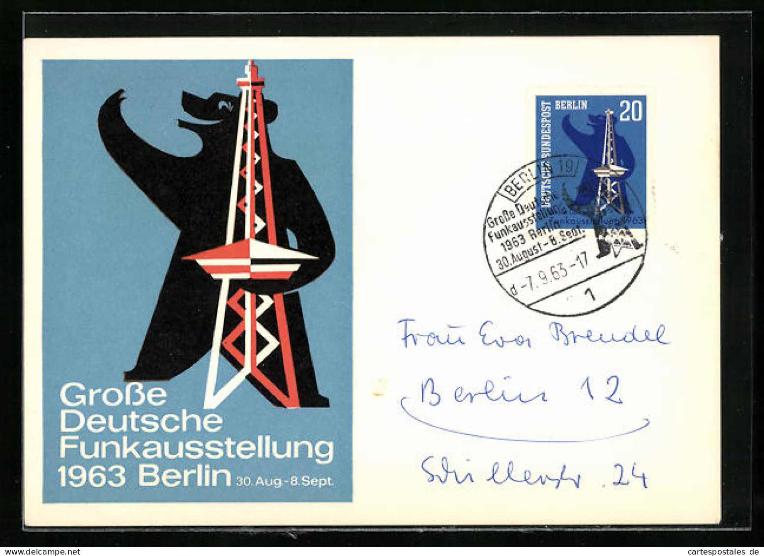 AK Berlin, Grosse Deutsche Funkausstellung 1963, Berliner Bär Mit Funkturm  - Exhibitions