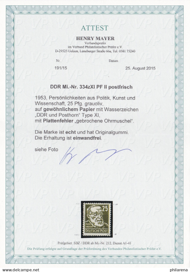 DDR: MiNr. 334x XI, Plattenfehler II, Postfrisch, ** - Neufs