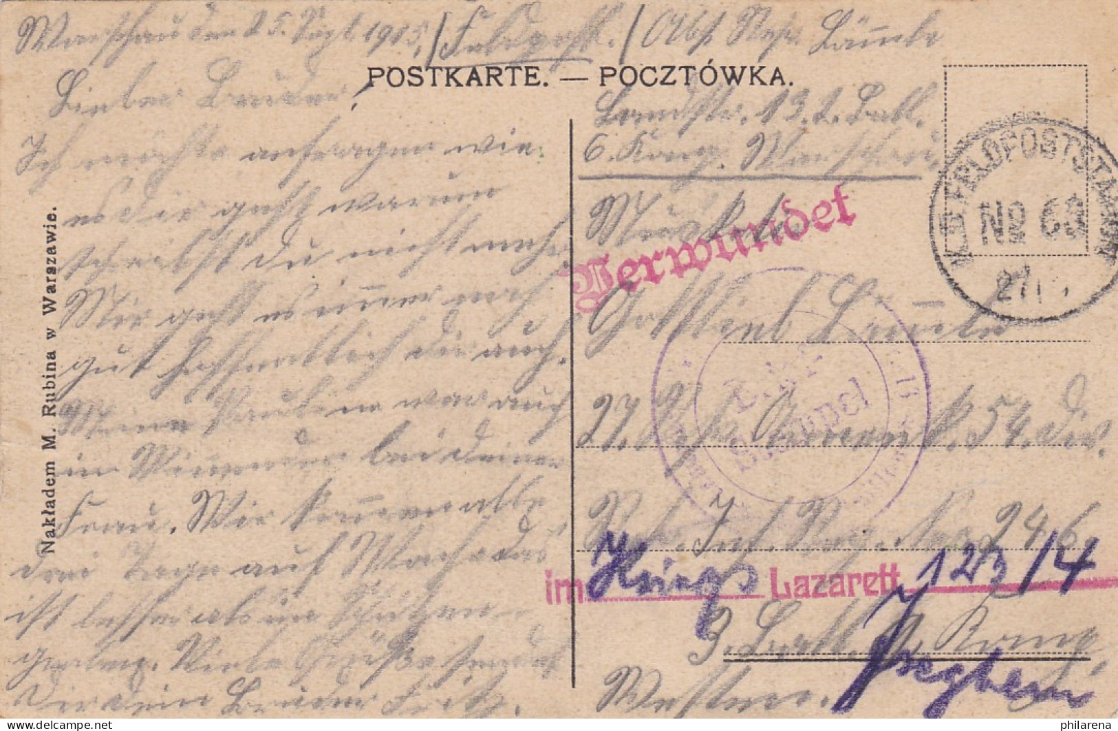 AK Warszawa 1915: An Inf. Reg.: Verwundet - Kriegs-Lazarett  - Feldpost (portvrij)