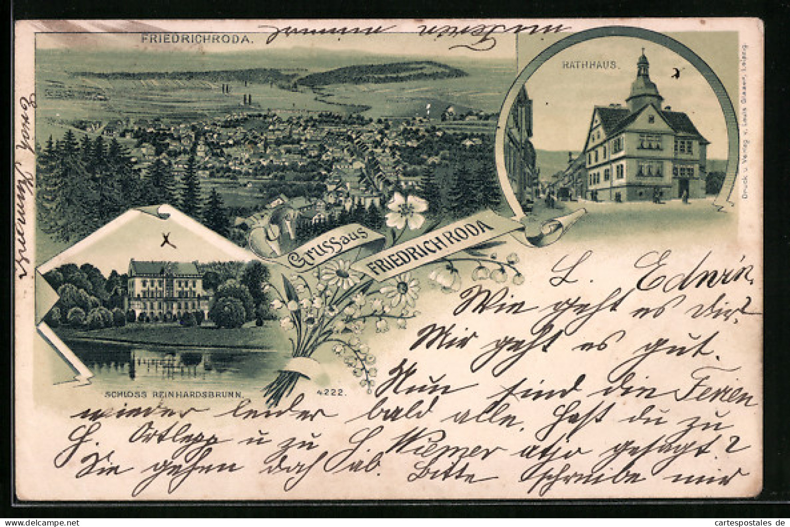 Lithographie Friedrichroda, Ortsansicht, Schloss Reinhardsbrunn, Rathaus  - Friedrichroda